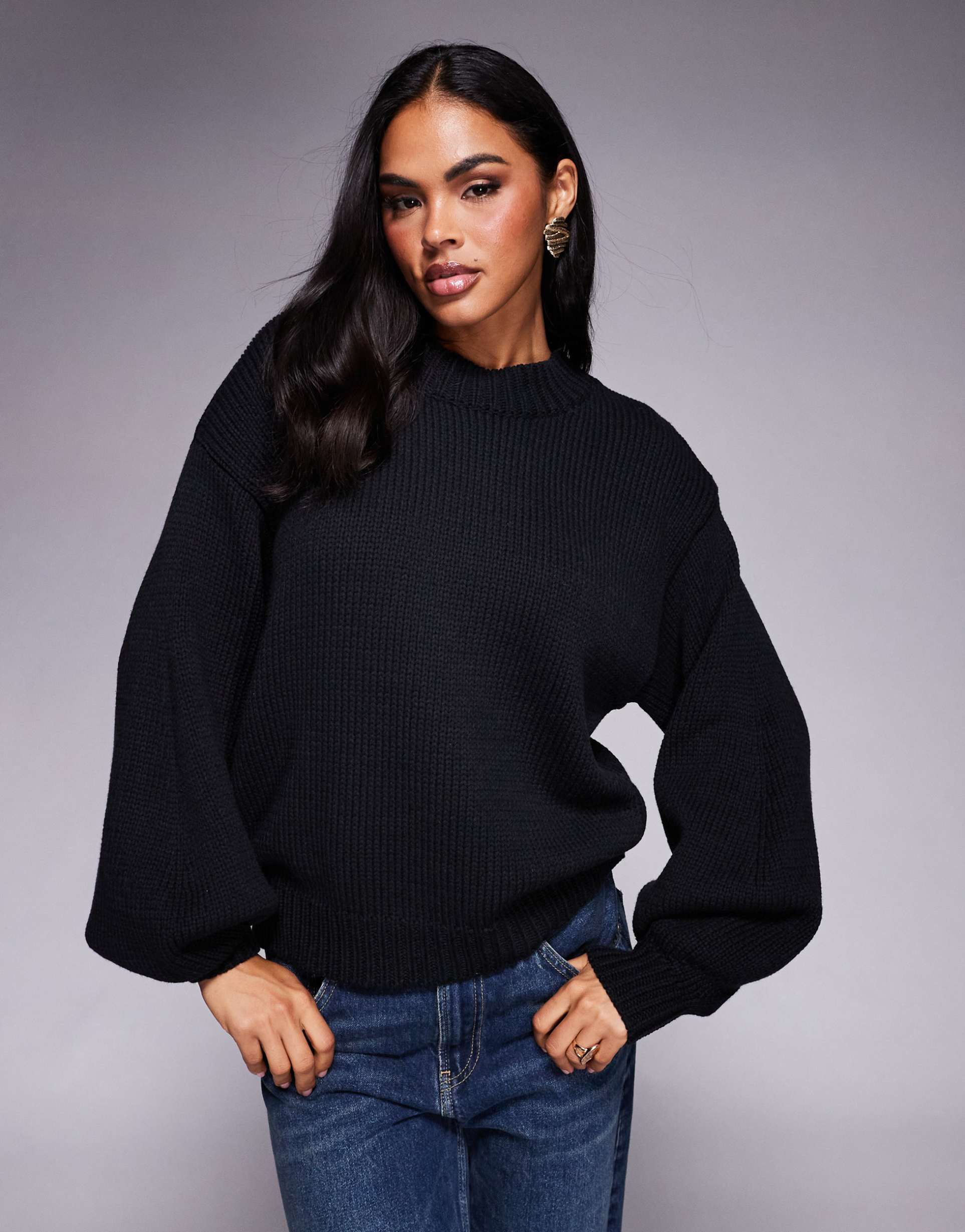 princess polly harmony balloon sleeve slouchy sweater in black