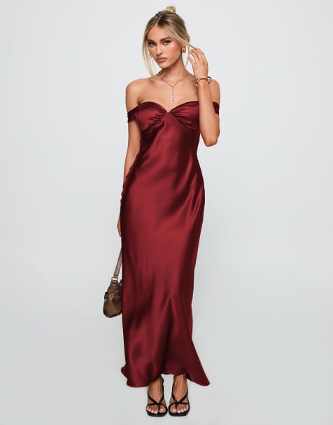Princess Polly Heartthrobs satin ruched bust off shoulder open back maxi dress in dress in red