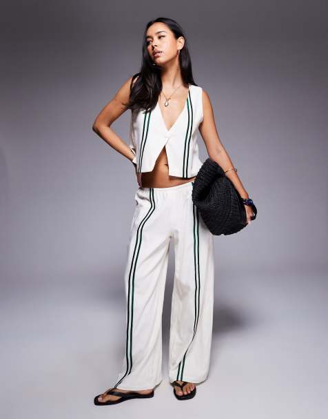 Princess Polly Henny linen blend stripe detail tailored waistcoat and wide leg pants set in cream - view 1