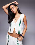 [Princess Polly] Princess Polly Henny linen blend stripe detail tailored waistcoat in cream (part of a set)-Multi 14 White/green
