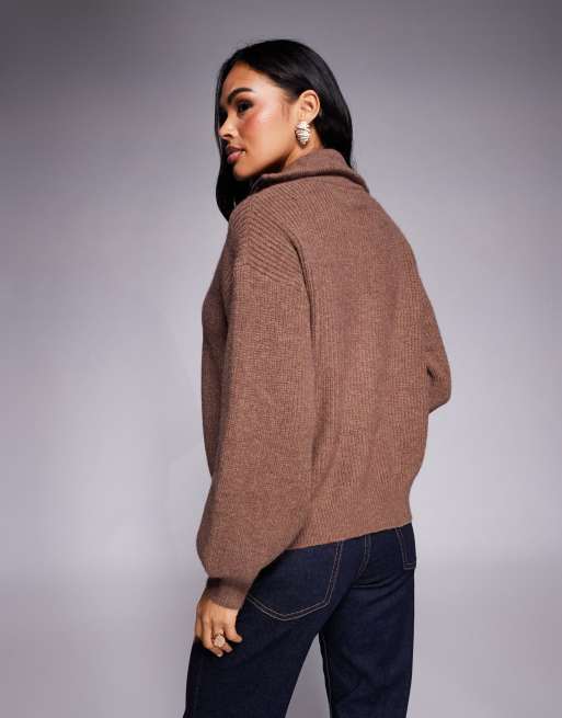 Princess Polly - Hertford - Cardigan in maglia a coste marrone con zip e colletto risvoltato, 3 di 4