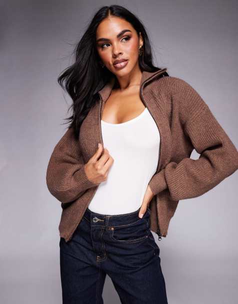 Princess Polly Hertford ribbed knit foldover collar zip through cardigan in brown - view 1