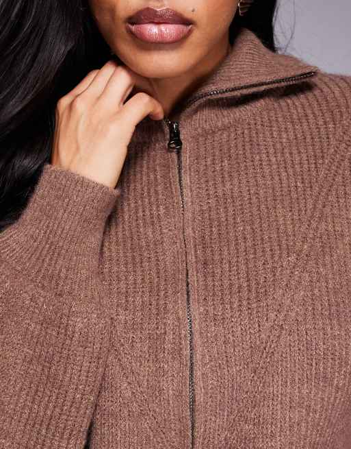 Princess Polly Hertford ribbed knit foldover collar zip through