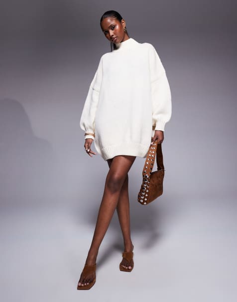 Princess Polly high neck balloon sleeve knitted mini jumper dress in beige - view 1