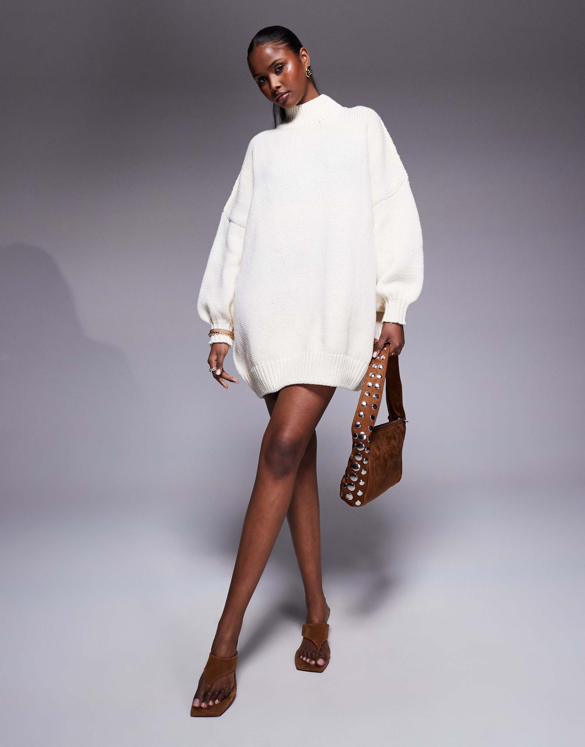 princess polly high neck balloon sleeve knitted mini sweater dress in beige