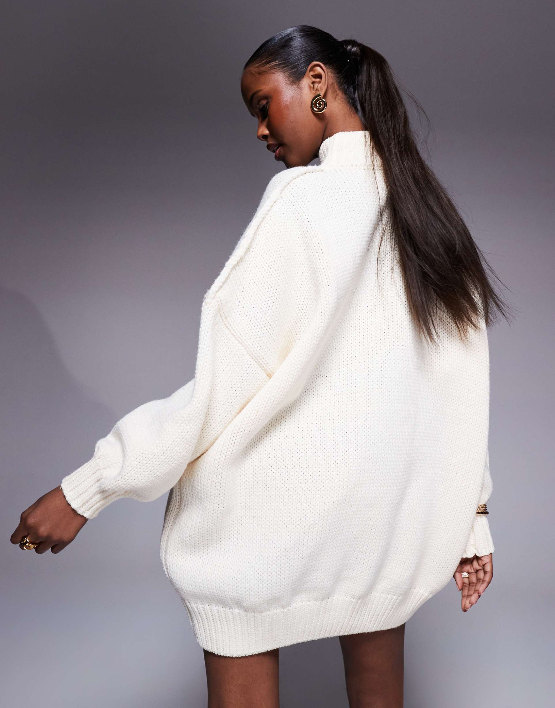 princess polly high neck balloon sleeve knitted mini sweater dress in beige