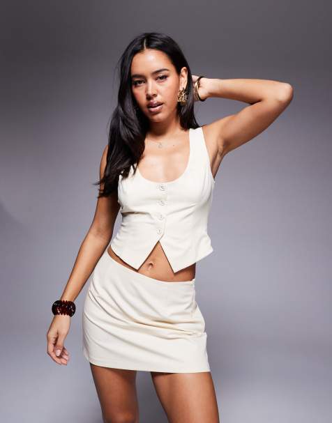 Princess Polly Hikaru tailored scoop neck bow back detail waistcoat and mini skirt set in cream - view 1