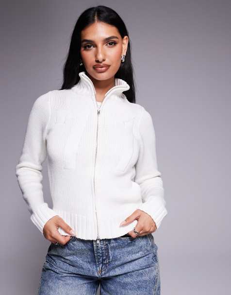Princess Polly – Hochgeschlossene Strickjacke aus Rippstrick in Weiß mit durchgehendem Reißverschluss - view 1
