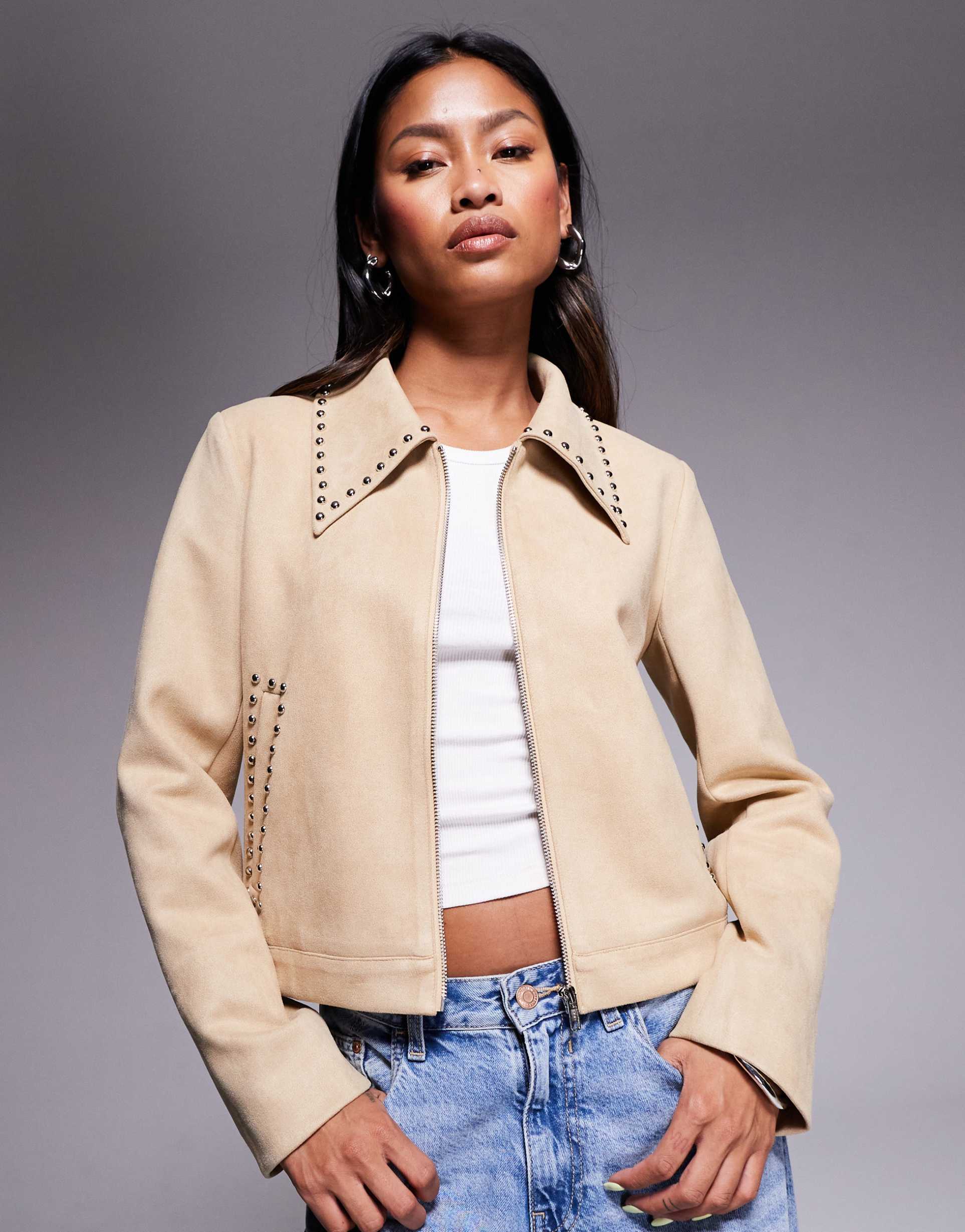 princess polly hurleigh faux suede stud trim collared jacket in camel