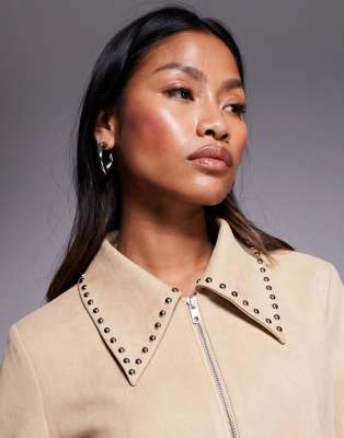 Princess Polly Hurleigh Faux Suede Stud Trim Collared Jacket In Neutral