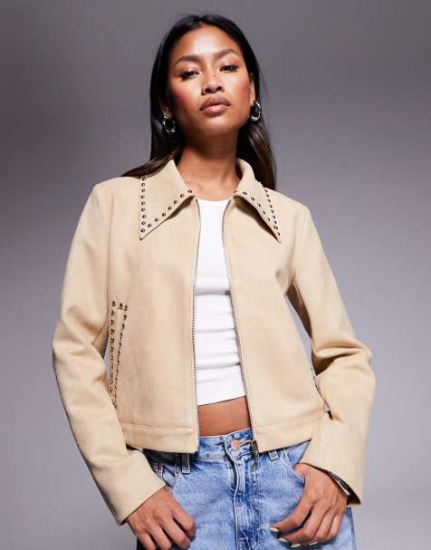 Princess Polly – Hurleigh – Jacke aus Wildlederimitat in Camel mit Kragen und Nietenbesatz - view 1