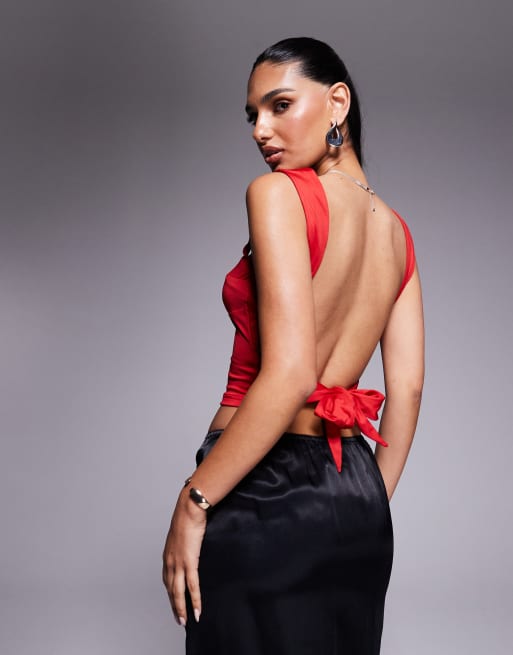 Princess Polly Imelda double-sculpted slinky low open tie back top in red, 2 of 4