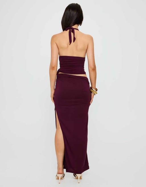 Princess Polly Imeraldia slinky metal hardware halterneck cut out waist  maxi dress in burgundy | ASOS