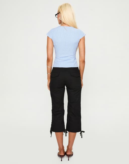 Princess Polly Indulgence cotton blend hook & eye front plunge corset top in blue stripe, 3 of 4