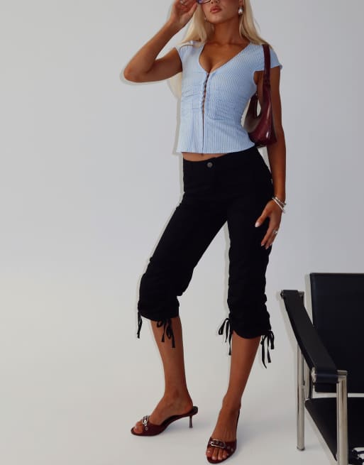 Princess Polly Indulgence cotton blend hook & eye front plunge corset top in blue stripe, 4 of 4