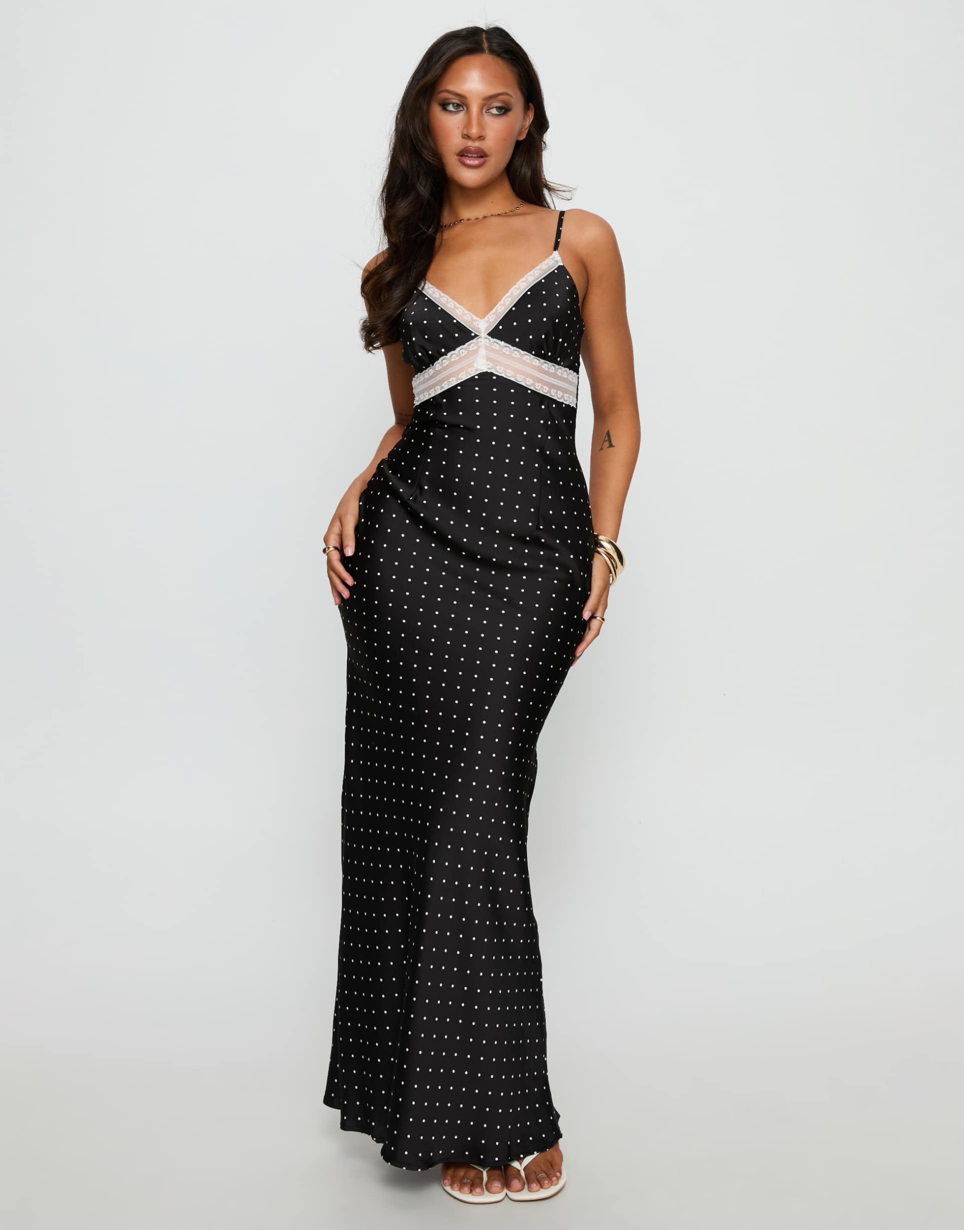 princess polly inki satin contrast lace trim cami maxi dress in black polka dot