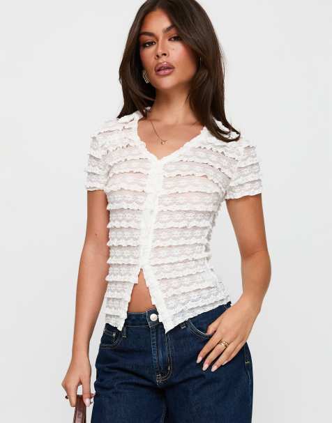 Princess Polly Into Your Eyes ruffle lace button through top in white - view 1