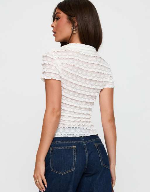 Princess Polly Into Your Eyes ruffle lace button through top in white, 2 of 4