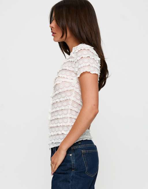 Princess Polly Into Your Eyes ruffle lace button through top in white, 4 of 4