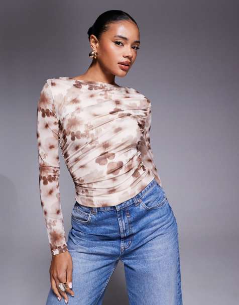 Princess Polly - Isolda - Brun og cremehvid top med lige hals, lange ærmer og blomstermønster i mesh - view 1