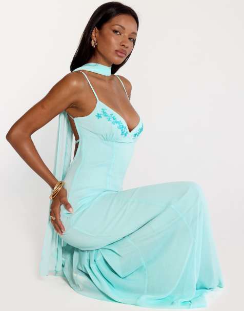 Princess Polly - Jadira - Maxi cami-jurk van chiffon met sjaaldetail en geborduurd detail in turquoise - view 1