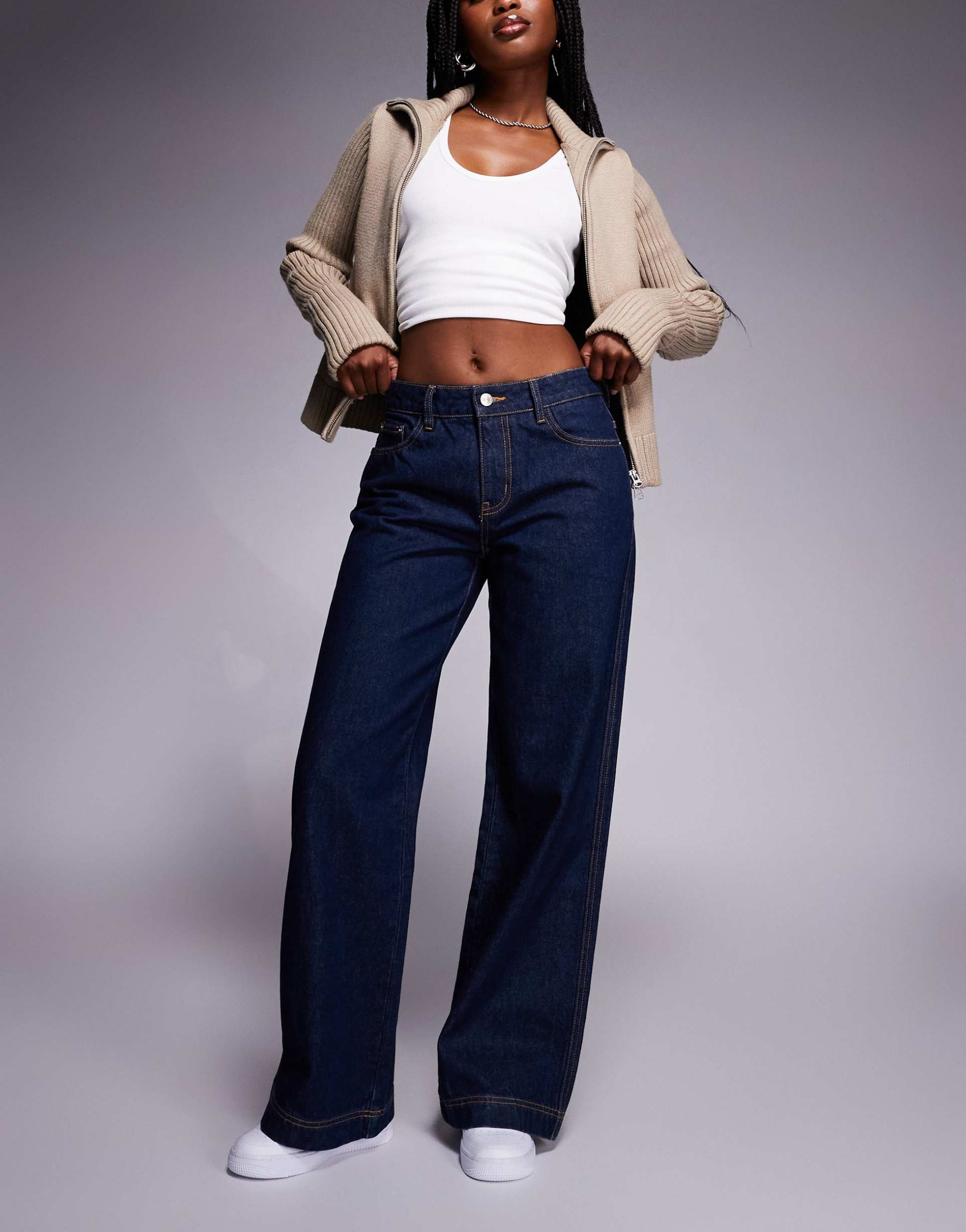 princess polly jankins mid rise back buckle detail wide leg jeans in dark-blue wash