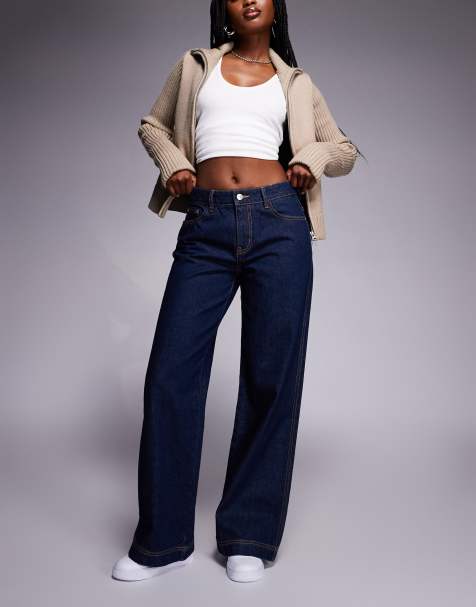 Princess Polly Jankins mid rise cinch buckle detail straight leg jeans in dark blue wash