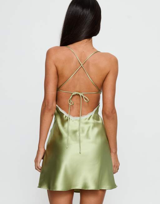 Princess Polly Jasminda satin lace trim tie front detail cami mini dress in  green | ASOS