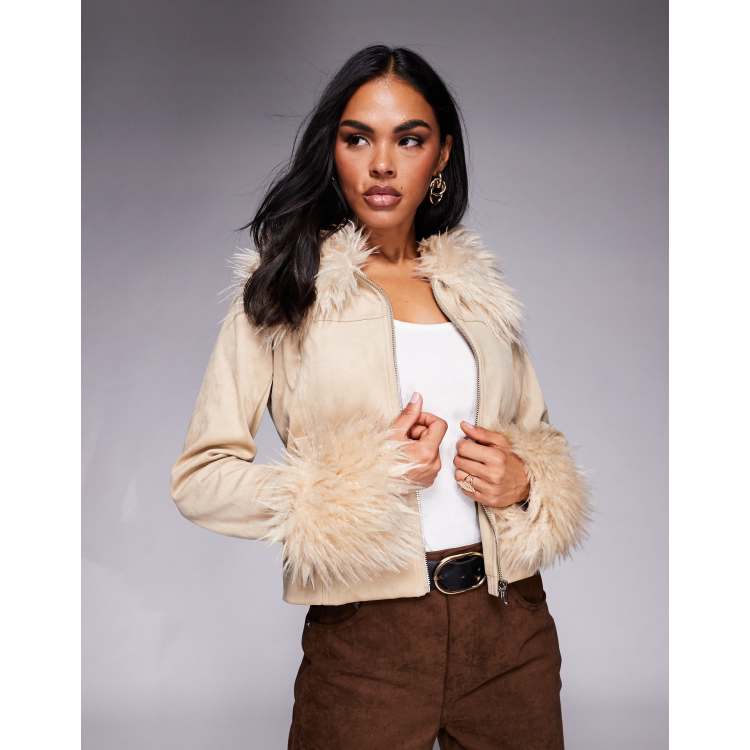 Princess Polly Jeanna suedette shaggy faux fur trim cropped jacket