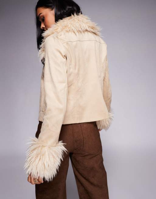 Princess Polly Jeanna suedette shaggy faux fur trim cropped jacket