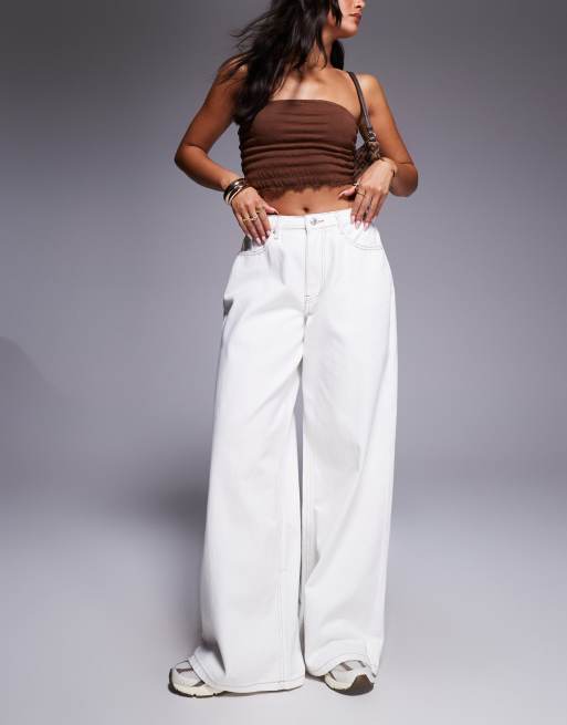 Princess Polly - Jeans con fondo ampio a vita medio alta color crema con cuciture a contrasto 