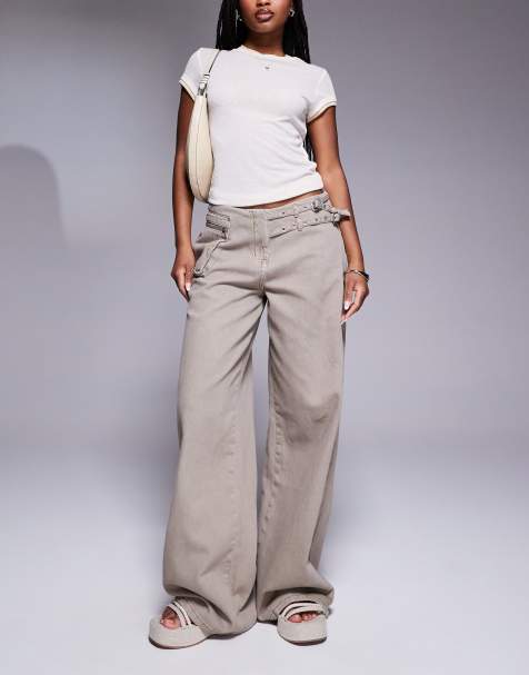 Princess Polly - Jeans met wijde pijpen, gesp en zakdetail in bruin met wassing - view 1