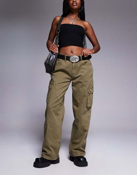 Princess Polly cargo style seam detail baggy jeans in khaki
