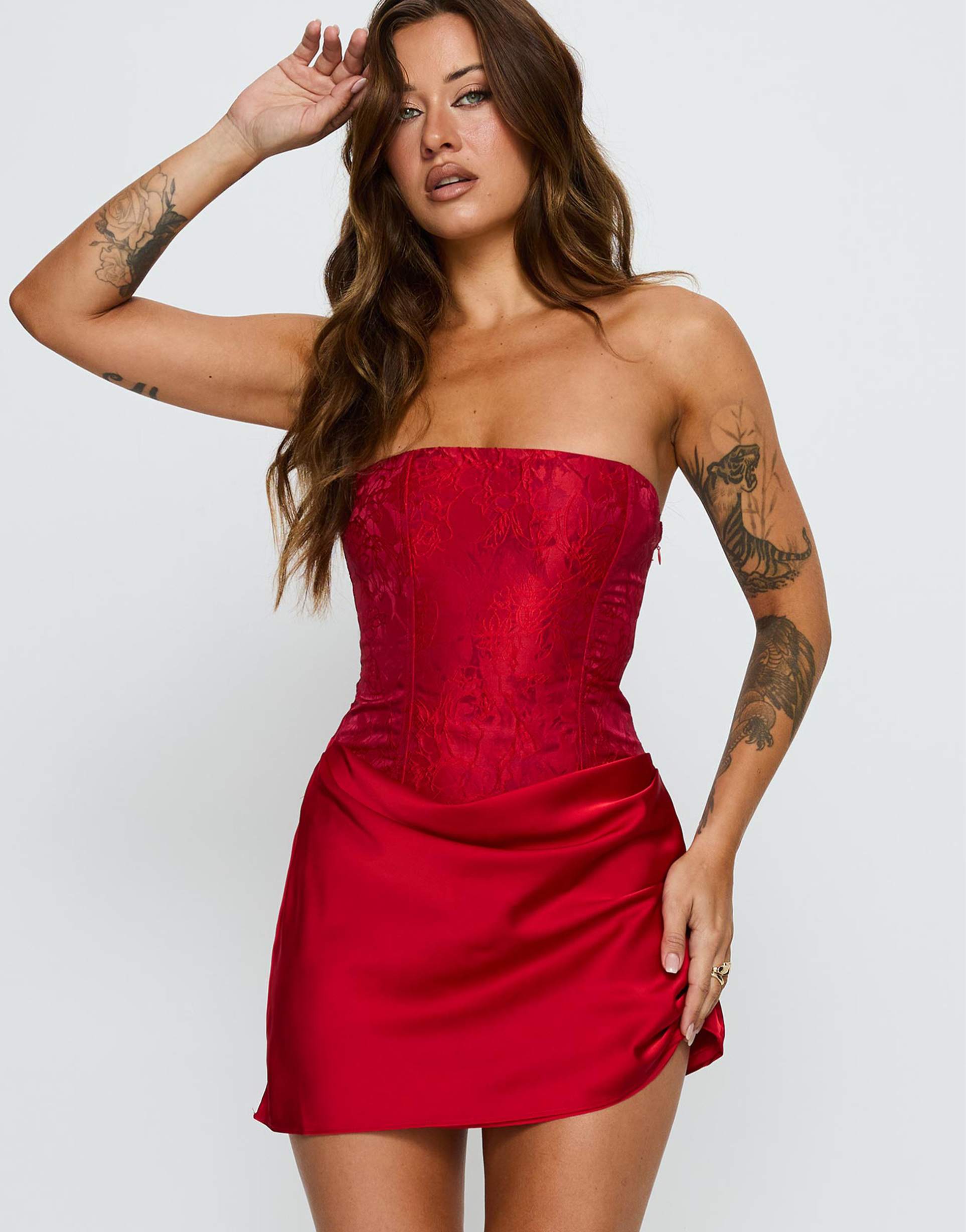 princess polly jenevieve drape waist detail bandeau mini dress in red floral