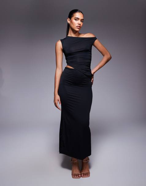 Princess Polly Jerichoe slinky off shoulder asymmetric hem top and maxi skirt full set in black - view 1