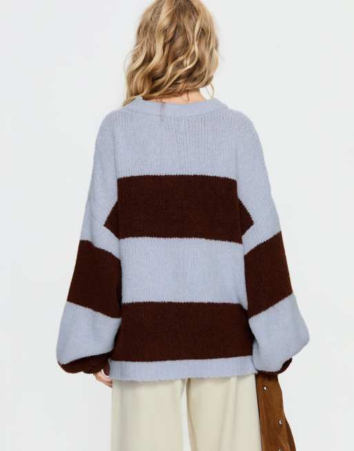 Princess Polly - Jersey de cuello redondo con mangas abullonadas a rayas azules y chocolate, 3 de 4