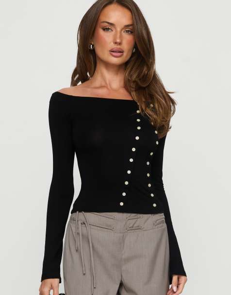 Princess Polly Jillianna cotton rich bardot button detail long sleeve top in black - view 1