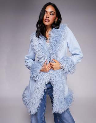 Princess Polly Josefina Suedette Faux Fur Trim Longline Coat In Blue