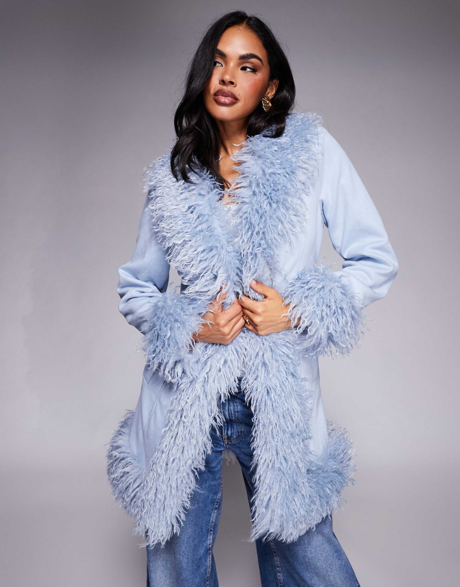 princess polly josefina suedette faux fur trim longline coat in blue
