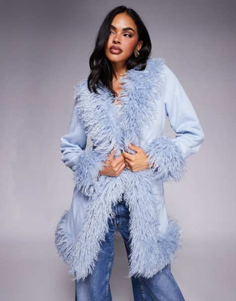 Princess Polly Josefina suedette faux Mongolian faux-fur trim longline coat in blue - view 1