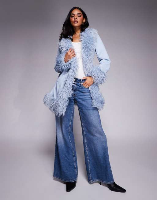 Manteau Femme Bleu Imitation Daim Avec Doublure Fausse Fourrure - Taille M, Occasion Très Bon état