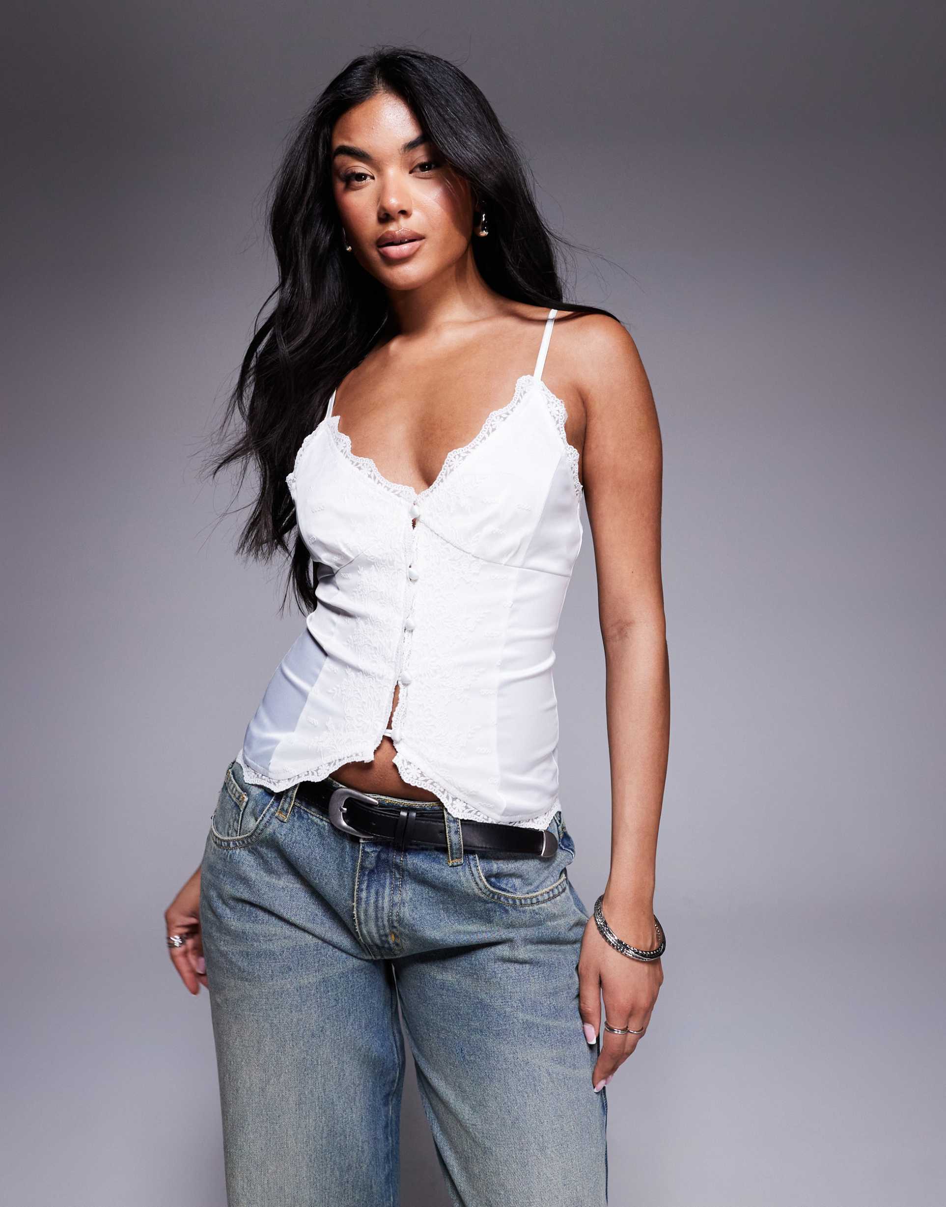 princess polly juliana lace & satin button front cami top in white