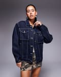 [Princess Polly] Princess Polly Junie oversized denim jacket in indigo wash-Navy 16 Indigo wash