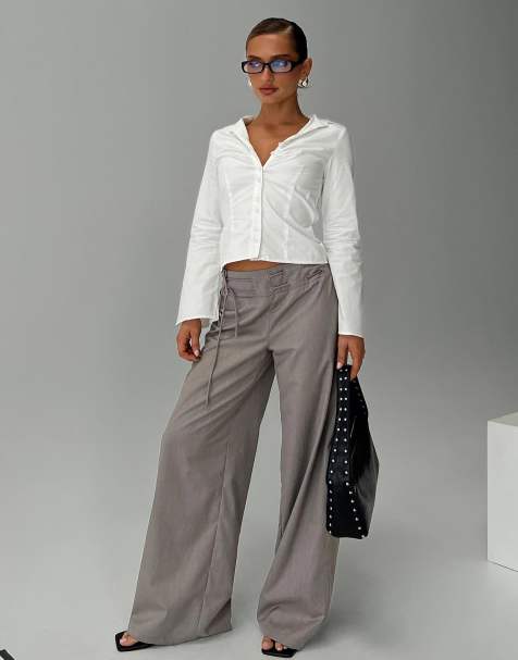 Princess Polly - Just Have Fun - Pantaloni sartoriali a fondo ampio grigi allacciati in vita - view 1