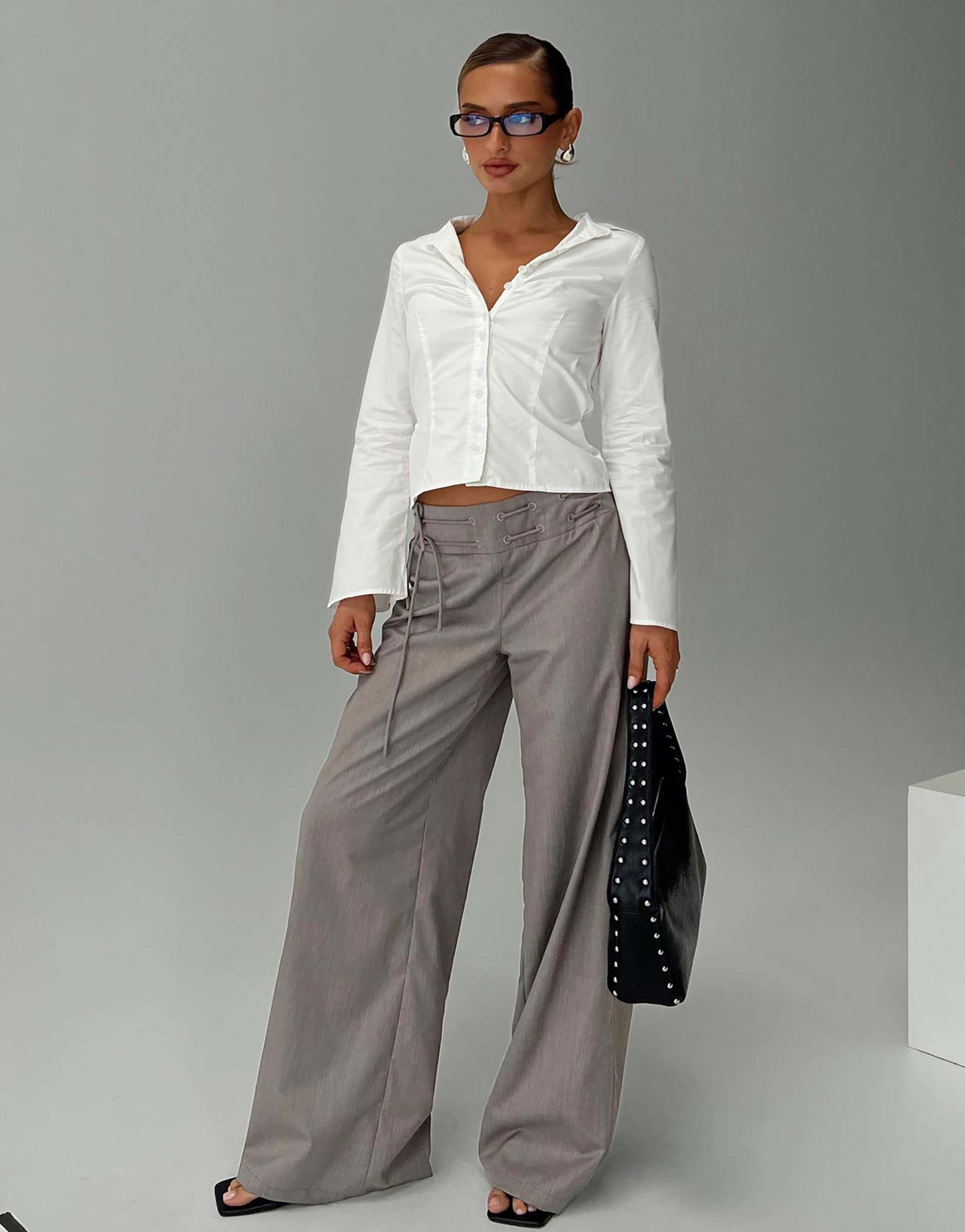 princess polly just have fun tie waist detail tailored wide leg pants in gray
