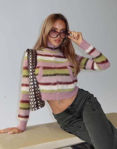 Princess Polly Keeva fluffy knit high neck zip through cropped cardigan in multi stripe - view 1