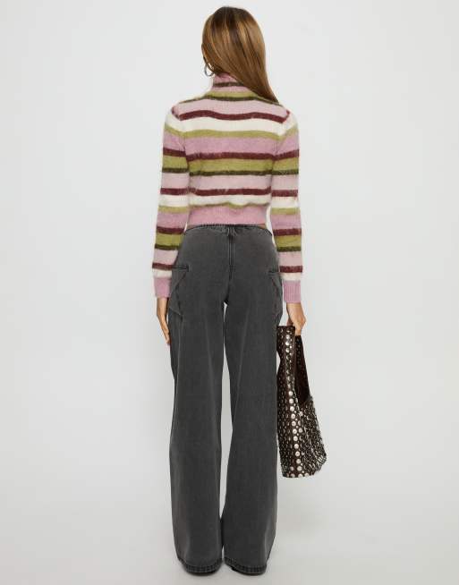 Princess Polly Keeva fluffy knit high neck zip through cropped cardigan in multi stripe, 3 of 4