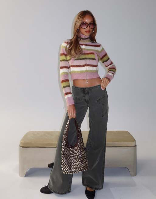 Princess Polly Keeva fluffy knit high neck zip through cropped cardigan in multi stripe, 4 of 4