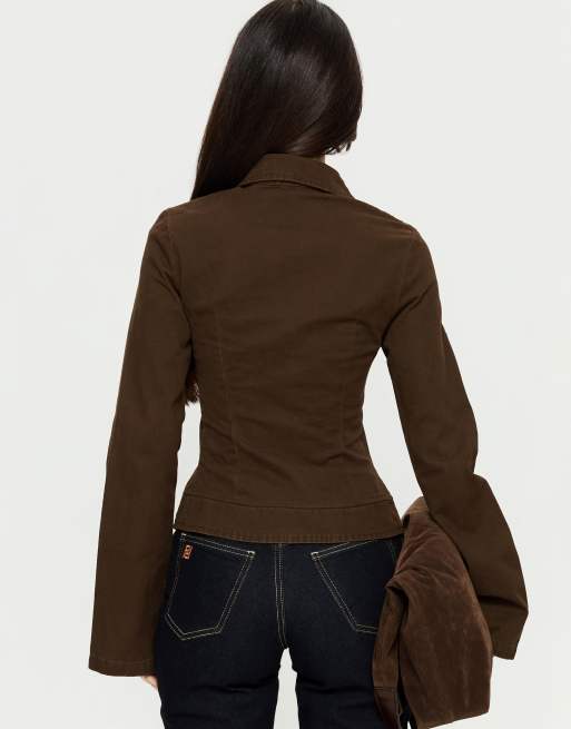 Princess Polly Kelehan zip through pocket detail fitted jacket in chocolate, 3 of 4