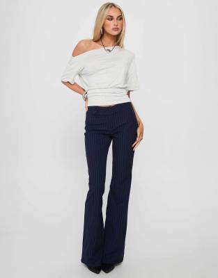 Princess Polly Kinkirk Mid Rise Slim Fit Button Detail Flared Tailored Pants In Blue